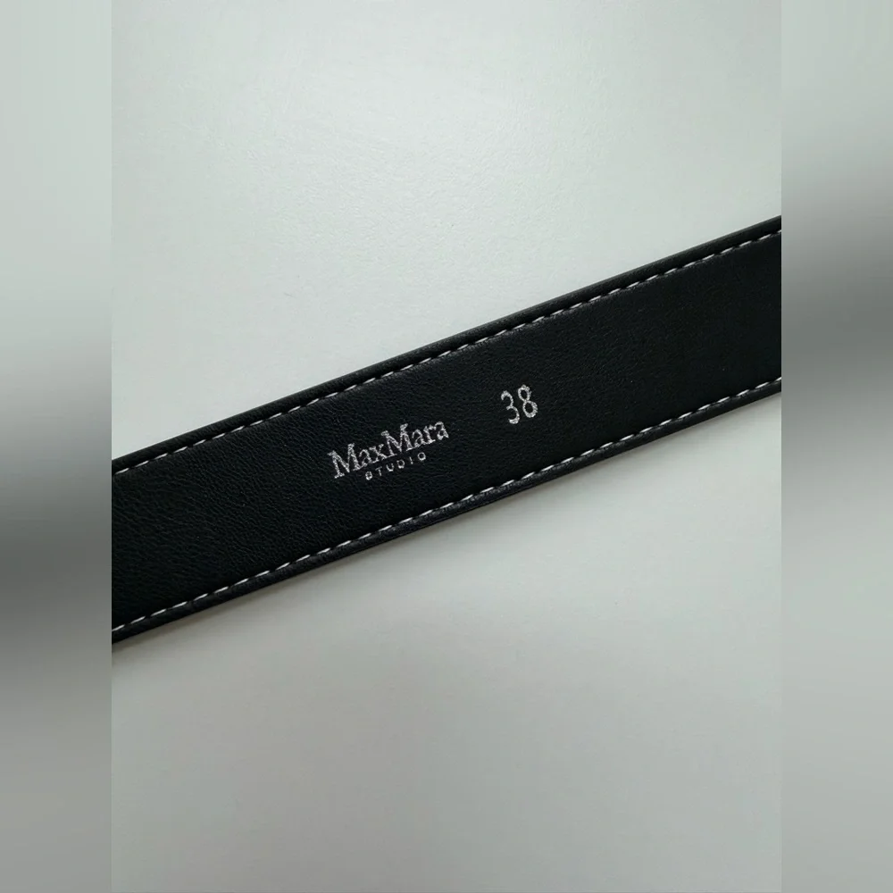 Max Mara Studio Black Vegan Leather Black Belt Gold Hardware Contrast Stitch